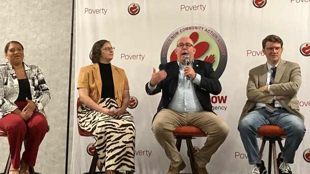 Participants in the Project NOW Housing Summit Thursday, Aug. 20, included (L-R) Cecelia Bailey of QC Open Network, Kelly Thompson of QC Community Foundation, Davenport Mayor Jason Gordon and Downtown Davenport Partnership head Kyle Carter.