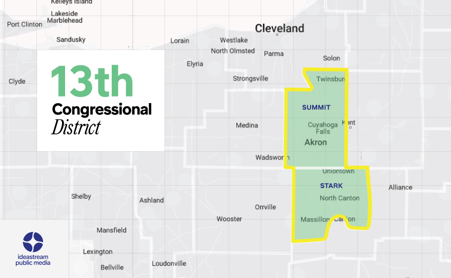 Stylized illustration of map of Ohio 13th Congressional District