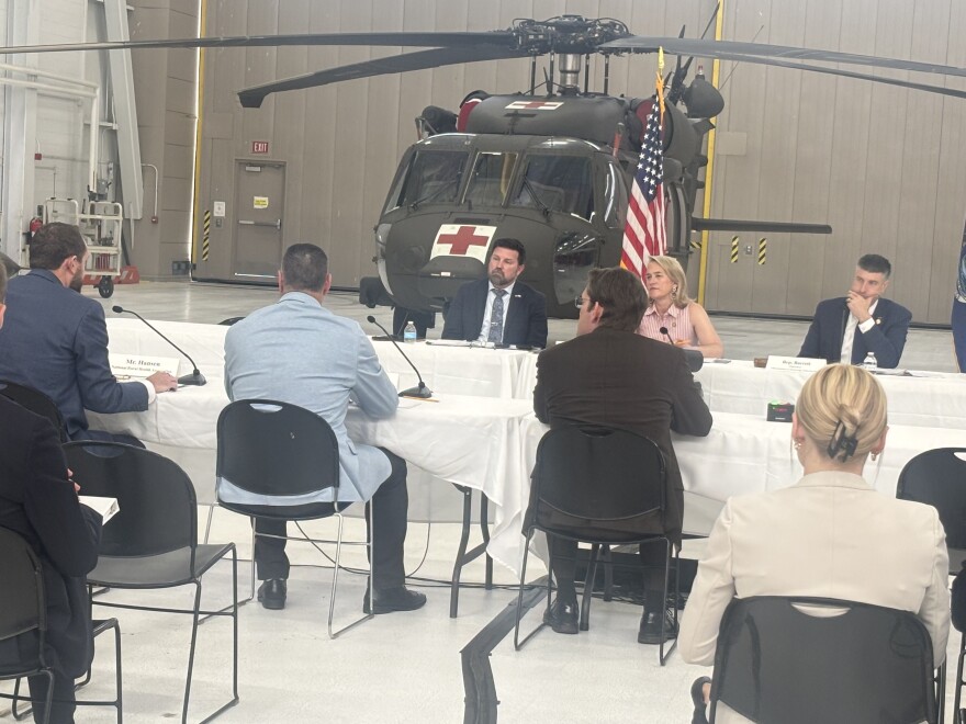 Flanked by helicopters in a National Guard hanger in Grand Ledge, a congressional sub-committee Friday discussed issues with V.A.’s convoluted scheduling system on Friday.