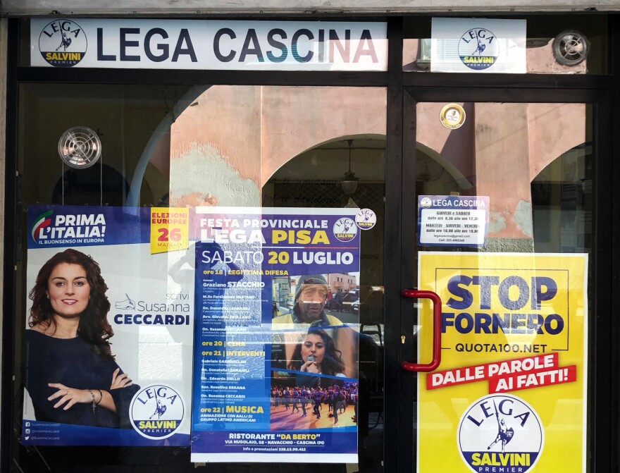 In Cascina, the League headquarters features a poster showing Mayor Susanna Ceccardi, who also recently won a seat in the European Parliament in Brussels.