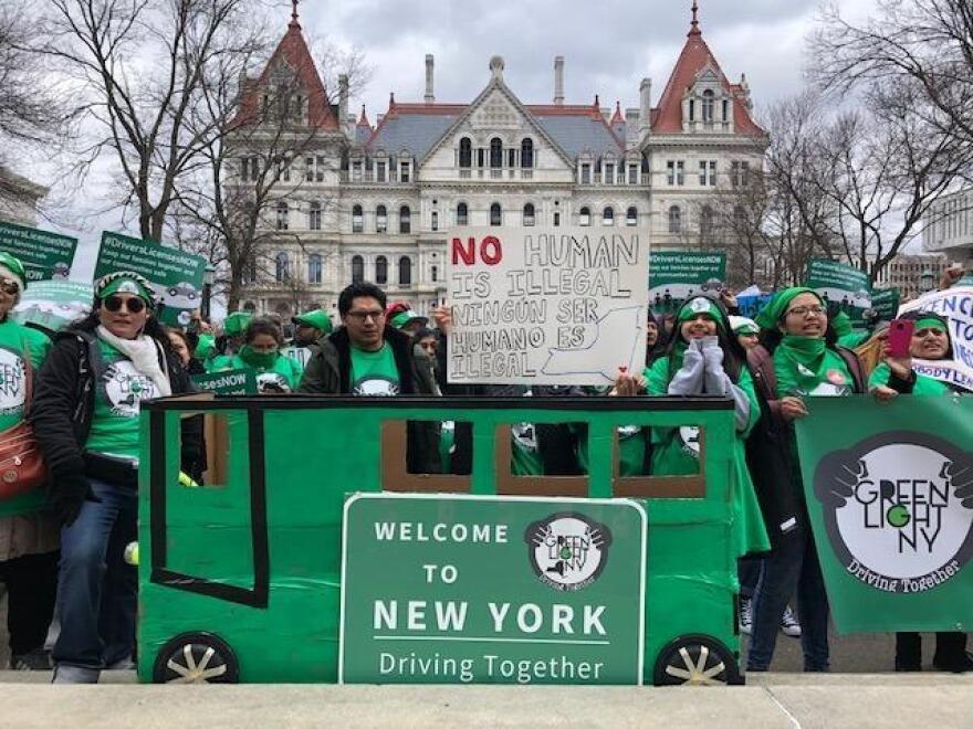 Undocumented immigrants rally at the State Capitol for the right to obtain a driver's license in March 2019