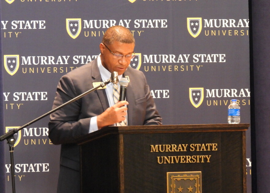 Murray State University president Ron Patterson speaks during his State of the University Address on Oct. 13, 2026, on the school's western Kentucky campus.