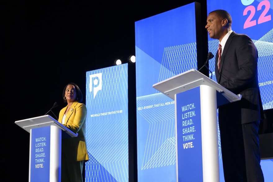 Democrat  incumbent Jahana Hayes (left) and Republican challenger George Logan appear for the Fifth Congressional District debate at Central Connecticut State University October 20, 2022.