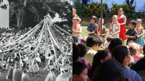 Left: May Day celebrations from decades ago. Right: Students at Kualapu'u Charter Conversion School on Moloka'i perform a hula on May 1, 2026.
