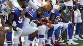 Buffalo Bills players kneel during the national anthem prior to an NFL football game against the Denver Broncos, Sunday, Sept. 24, 2017, in Orchard Park, N.Y. (Jeffrey T. Barnes/AP)