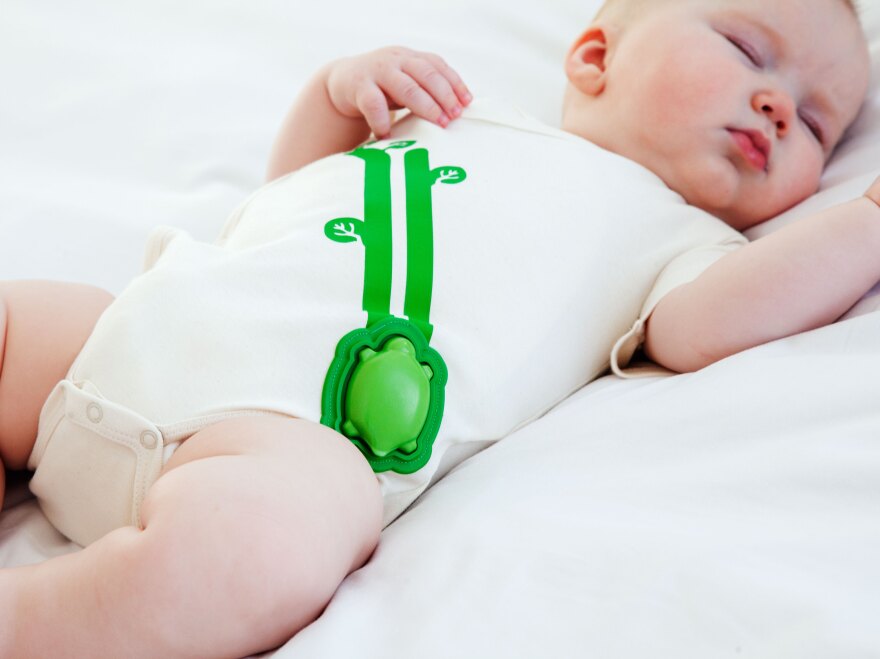 Mimo, a wearable device for babies, sends data to an app on your phone about your baby's breathing and temperature.