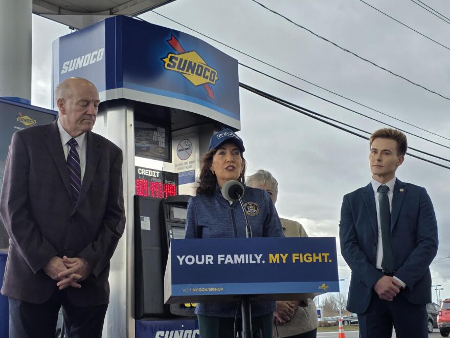Governor Kathy Hochul speaks on rising gas prices at Sunoco Expressway Mart in Tonawanda on Monday, March 16.