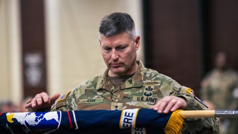 Army General Joseph A. Ryan, the incoming leader of the Western Hemisphere Command, uncases the U.S. Army Western Hemisphere Command colors during a ceremony at Fort Bragg, N.C., Dec. 5, 2025. The new command combines U.S. Army Forces Command, U.S. Army North, and U.S. Army South.