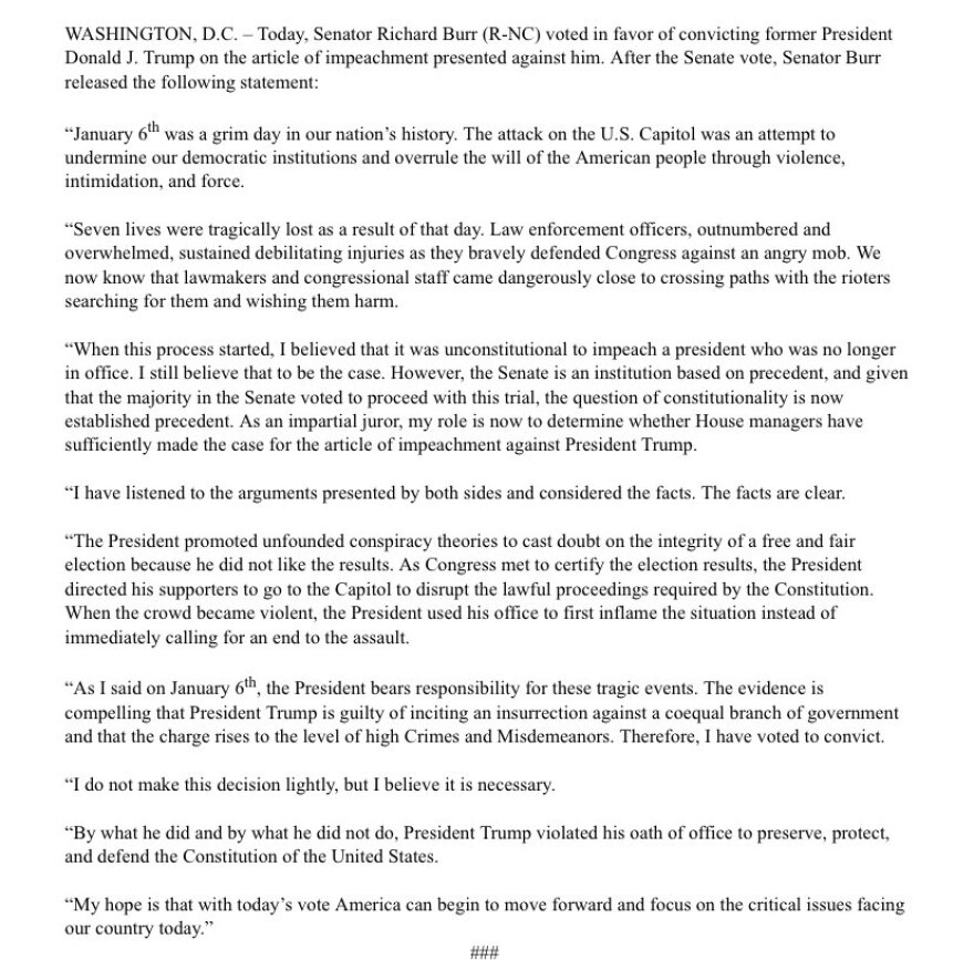 Nc S Burr On Guilty Vote I Do Not Make This Decision Lightly But I Believe It Is Necessary Wfae 90 7 Charlotte S Npr News Source