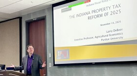 Larry DeBoer, an emeritus professor of agricultural economics at Purdue University, presents an analysis of recent Indiana property tax changes on Nov. 14, 2025.