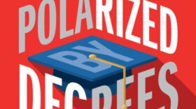 A red book cover reading, "Polarized by Degrees," in grey and white text with an image of a blue cap and yellow tassel