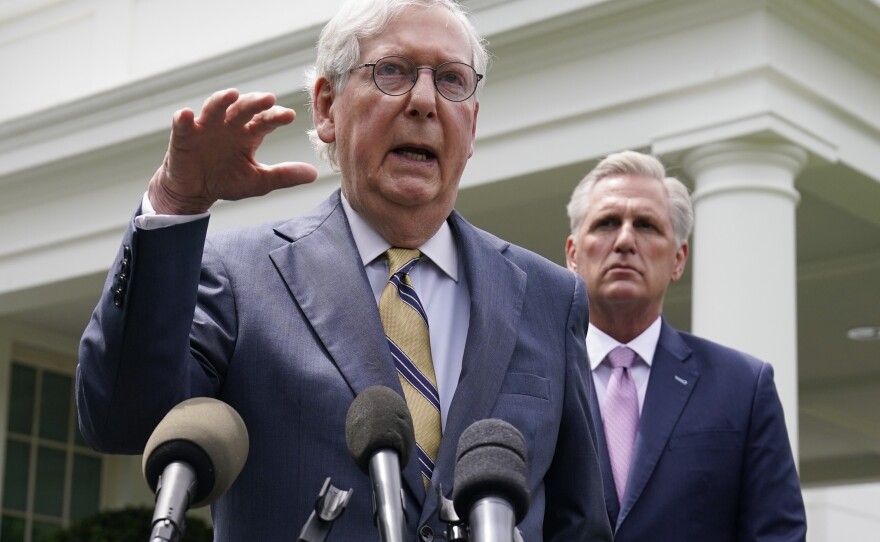 Senate Minority Leader Mitch McConnell, left, and House Minority Leader Kevin McCarthy speak to reporters outside the White House after meeting with President Biden Wednesday.