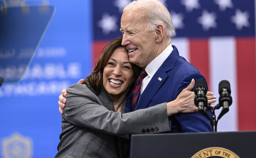 Vice President Kamala Harris embraces President Joe Biden after a speech on healthcare in Raleigh, N.C., March. 26, 2024. President Joe Biden dropped out of the 2024 race for the White House on Sunday, July 21, ending his bid for reelection following a disastrous debate with Donald Trump that raised doubts about his fitness for office just four months before the election. (AP Photo/Matt Kelley, File)