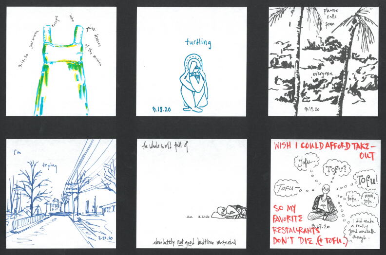 March 2020 excerpts from Clare Johnson's Post-it Note Project (2005-present, continuing perpetually).