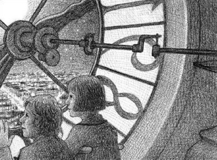 Hugo and Isabelle look out over Paris from behind a clock face in Selznick's <em>The Invention of Hugo Cabret.</em>