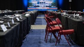 Workers complete preparations on the media filing center and spin room for the ABC News Presidential Debate between Democratic candidate Vice President Kamala Harris and Republican candidate former US President Donald Trump, in Philadelphia, Pennsylvania.