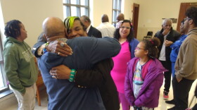 Lexington City Councilmember Tayna Fogle hugged a supporter after her appearance in Fayette District Court Friday.