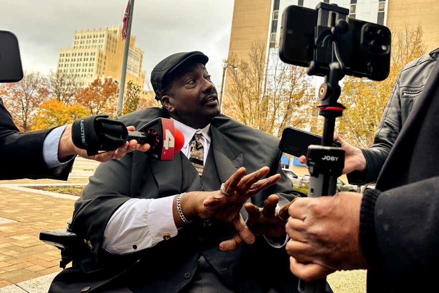 David Mason, an attorney representing St. Louis Sheriff Alfred Montgomery, addresses the press on Tuesday, Nov. 18, 2025, after Circuit Judge Steven R. Ohmer pushed the start of Montgomery’s removal trial because the federal government did not rule on allowing him to attend.