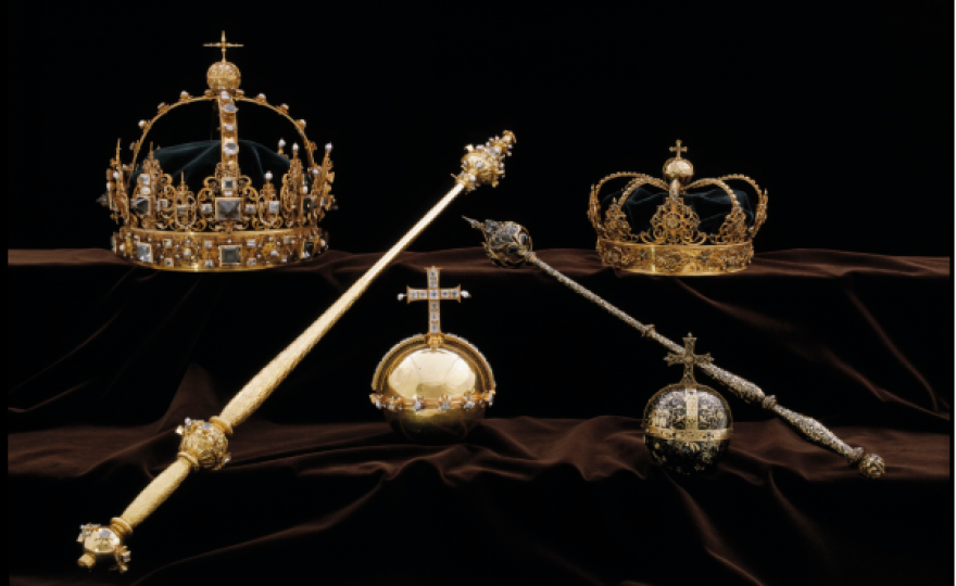 Three 17th-century Swedish royal treasures — the crowns of Karl IX and Kristina (upper left and right) and an orb (center) — were stolen on Tuesday in the daring daytime heist.