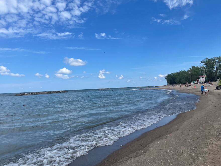 The blue waters of Lake Erie on a sunny summer day. There are a few people on the beach nearby.