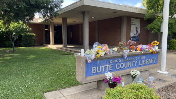 Flowers are left outside the Butte County Library in Chico, Calif. on June 25, 2026.