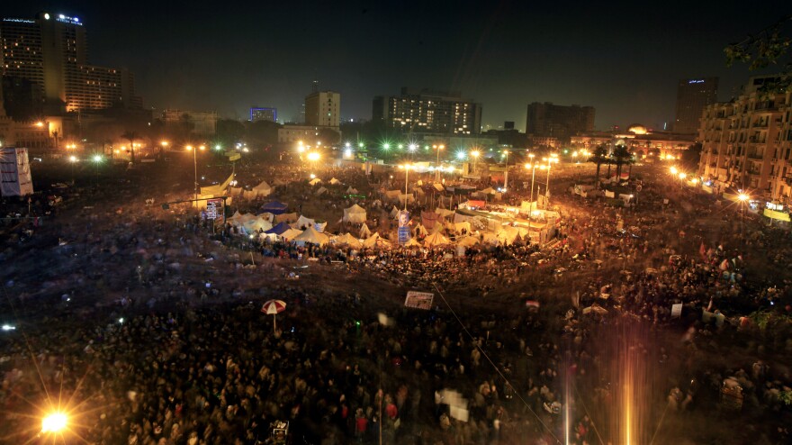 Thousands of Egyptian protesters gather in Cairo's Tahrir Square on Friday, marking two years since the start of the country's revolution.