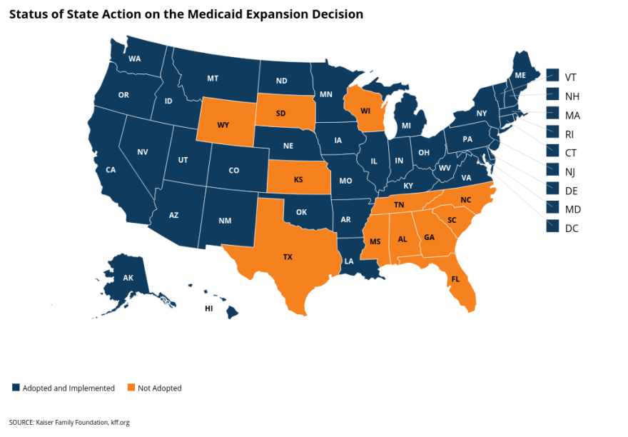 A graphic shows Kansas is one of 12 states that haven't expanded Medicaid.