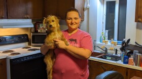 Bethel Dog Groomer Raeann Grantham holds KoKo giving her a quick trim.