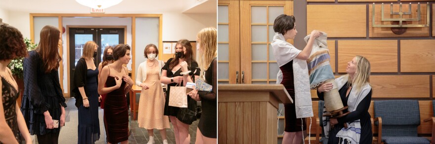 A young woman greets her friends and holds the Torah next to her rabbi before celebrating her bat mitzvah.