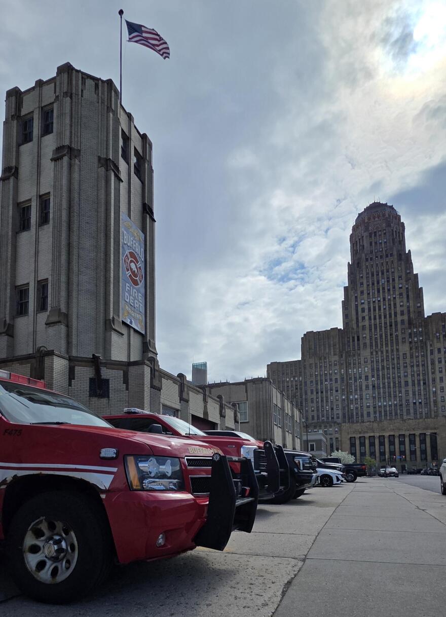 The Buffalo Fire Headquarters in the foreground of City Hall.