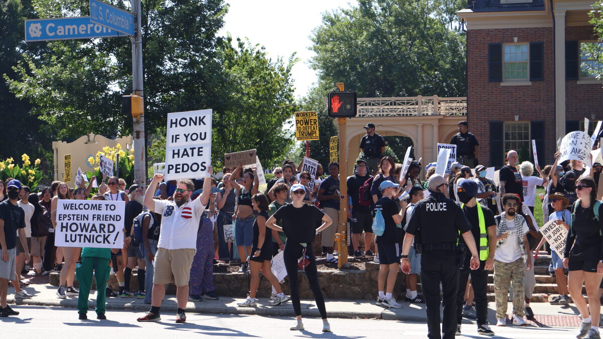 Hundreds protest outside Chapel Hill's G20 Innovation Ministerial, criticizing artificial intelligence