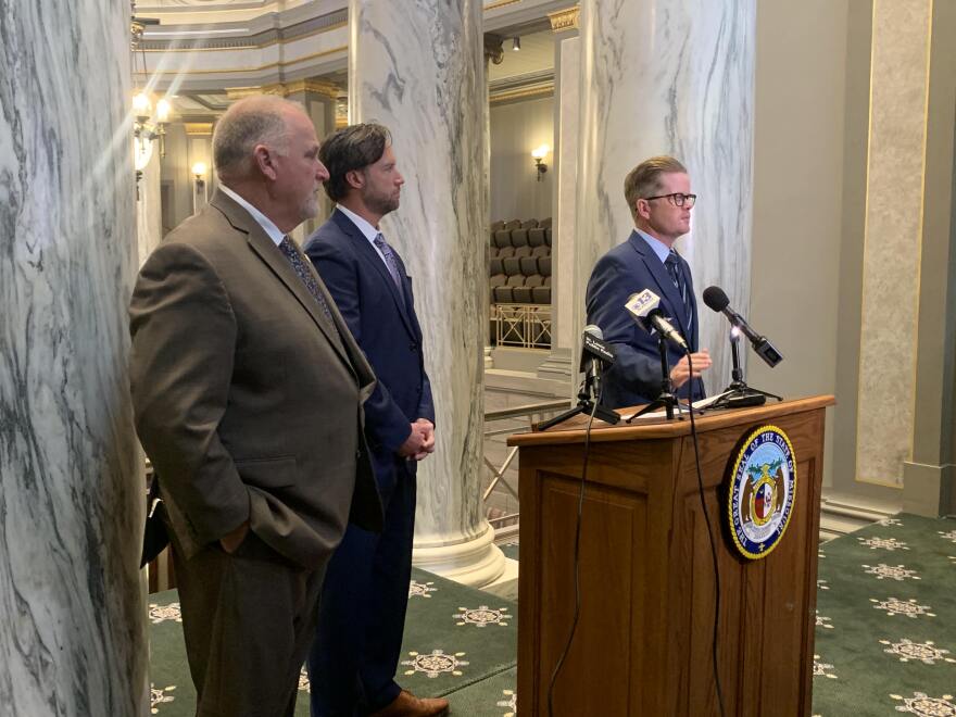  Senators Dave Schatz, R-Sullivan, Lincoln Hough, R-Springfield and Caleb Rowden, R-Columbia, speak to reporters on September 21, 2022 after the Senate passed both a bill containing an income tax cut and another with agriculture tax credits. 