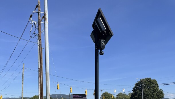 An automatic license plate reader looks over westbound traffic on Tunnel Road near Asheville Mall in east Asheville.