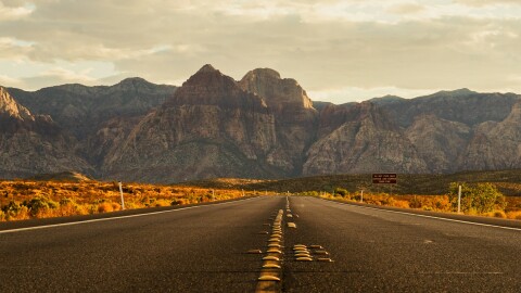 A straight view from the middle of the road in Red Rock Canyon.
