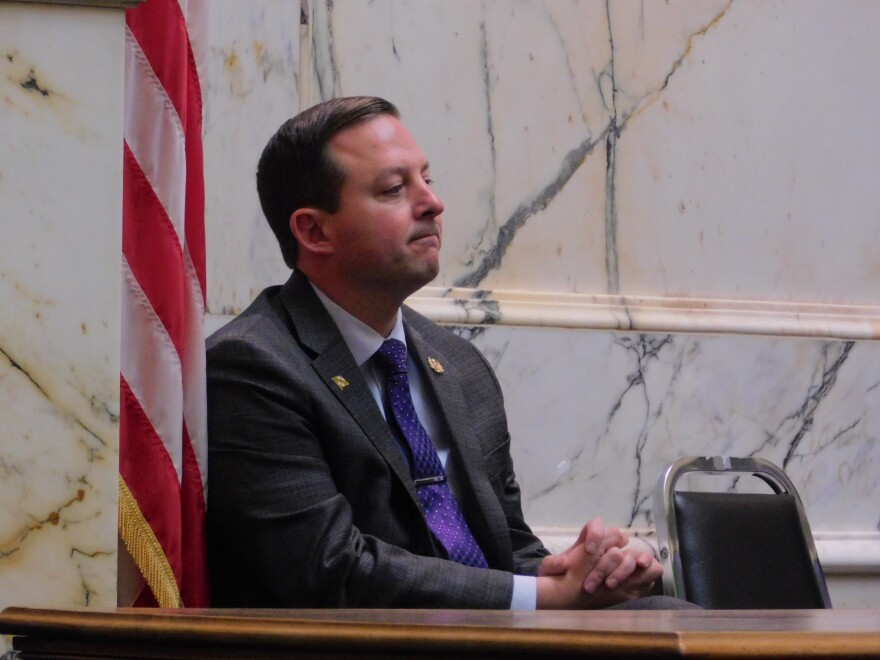 Senate President Bill Ferguson reacts to Gov. Wes Moore calling for a vote on early redistricting in the Senate during his State of the State address on Wednesday in the House Chamber in Annapolis, Md.