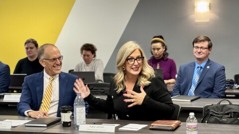 Indiana Secretary of Education Katie Jenner sits next to Commissioner for Higher Education Chris Lowery before she was appointed to take on the role Friday, Aug. 22, 2025 at the commission&amp;rsquo;s office in Indianapolis.