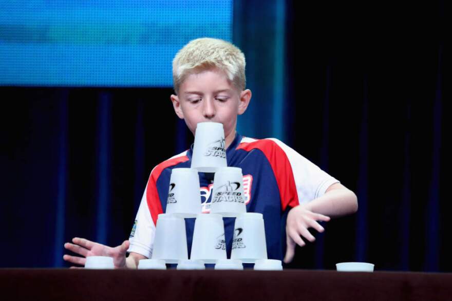 Cup-stacking world champion Austin Naber speaks onstage during 'The Brain' panel discussion at the PBS portion of the 2015 Summer TCA Tour at The Beverly Hilton Hotel on Aug. 2, 2015 in Beverly Hills, California.  (Frederick M. Brown/Getty Images)