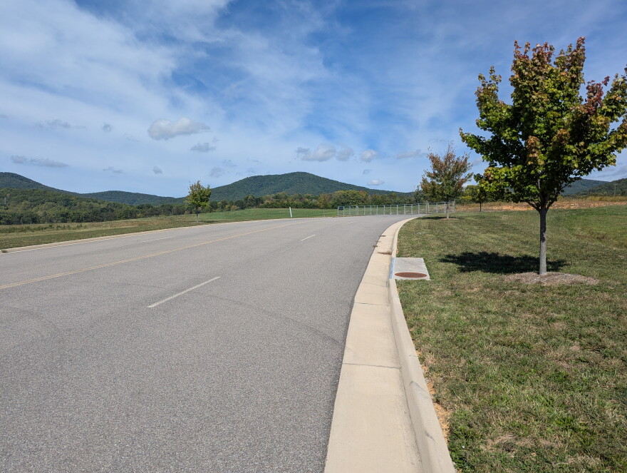 A road and gate at the entrance to the Wood Haven Technology Park in Roanoke County on Sept. 30, 2026.