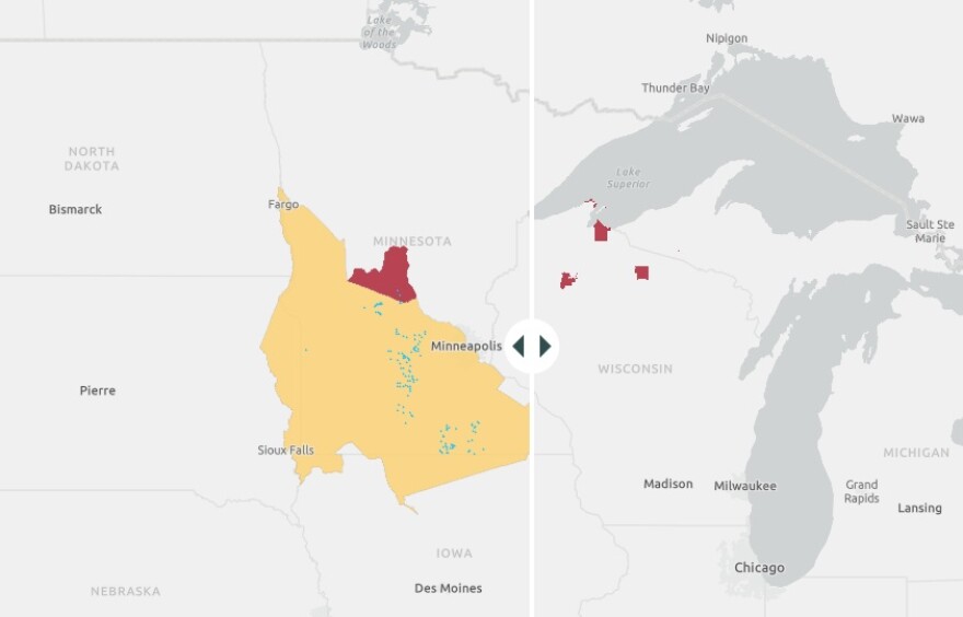 A grey-scale map of the upper Midwest with areas colored red and yellow to denote tribal areas