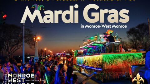 Mardi Gras parade in Monroe–West Monroe at dusk with a brightly lit float passing a crowd of spectators along the riverfront; text on image reads “Mardi Gras in Monroe–West Monroe” and “2 krewes, 2 parades, a weekend of fun,” with Discover Monroe-West Monroe branding.