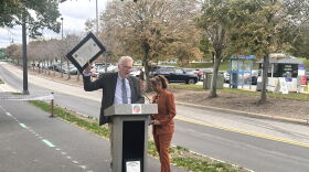 Cuyahoga County Executive Chris Ronayne and County Councilmember Yvonne Conwell at the ribbon cutting on Sept. 22, 2026, for the Mandel Community Trail along the lakefront in Cleveland.