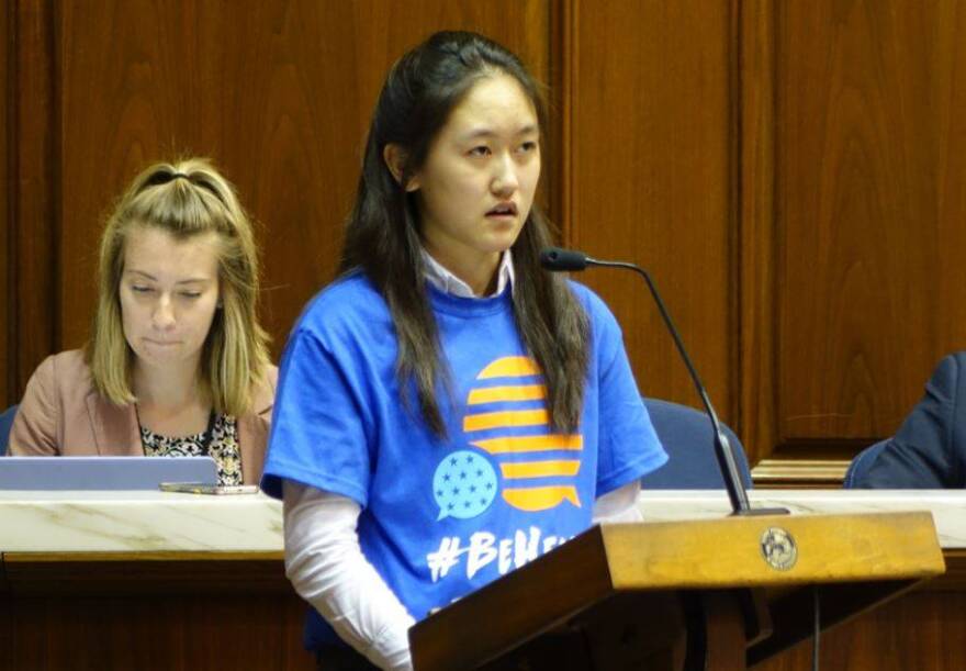Selena Qian, a Carmel High School senior and publication editor, asks the Indiana House Education Committee to support a bill protecting student journalists from censorship on Tuesday, Feb. 14, 2017.