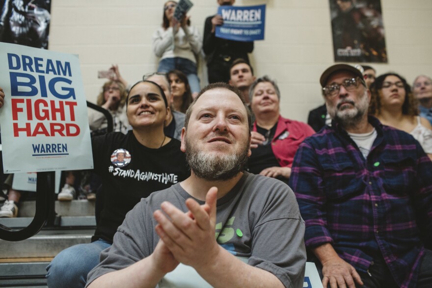 The crowd at Warren's campaign stop at an elementary school in Columbus, Ohio, on May 10. Here, as at her previous stop in West Virginia, Warren spoke extensively about the opioid crisis and how it has affected each of the places she visited.