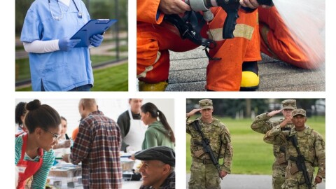 Four images: health care worker; firefighting hand holding hose spraying; three National Guard members saluting; woman with apron serving food in dining hall 
