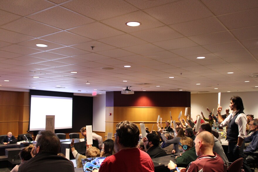 Members of the Missouri State University Faculty Senate vote on a motion to vote by secret ballot during a November 21, 2024 meeting.