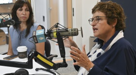 Two people sit in a radio studio talking at microphones. The person at right, Sarah Morris, is gesturing while talking.
