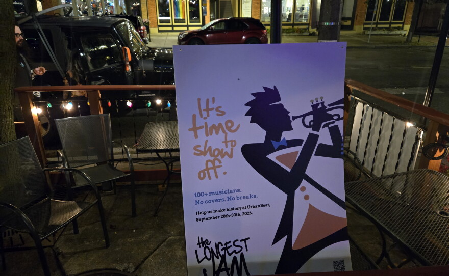 sign that says "It's time to show off. 100+ musicians. No Covers. No Breaks. Help us make history at UrbanBeat. September 28th-30th, 2026. The Longest Jam."