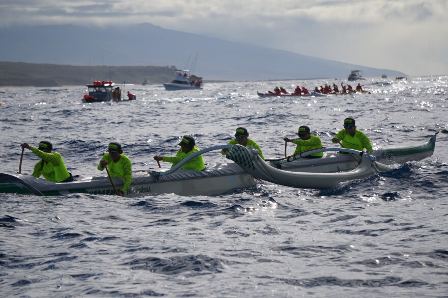 A Molokaʻi crew, seen here in the foreground, during the starting portion of Na Wahine O Ke Kai in 2024.