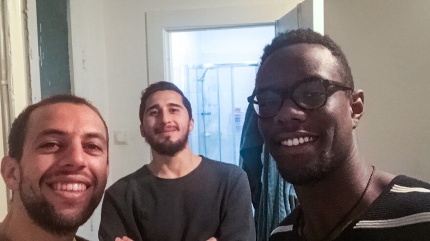 (Left to right) Gianluca Gulotta and Simone Di Benedetto of Italy and Kendall Galbreath of the United States smile for a selfie in Madrid.