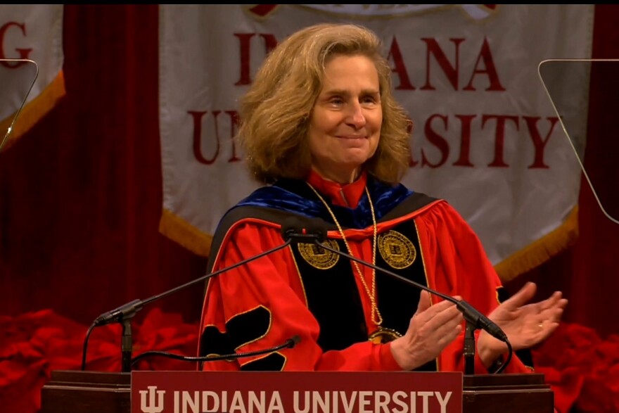 Indiana University President Pamela Whitten addressed graduates during the 2024 Winter Commencement ceremony.